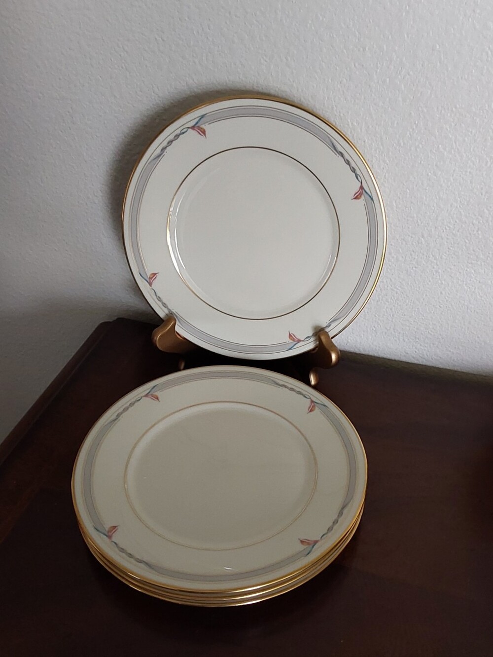 Lenox White Salad Plates with Gold Trim and Pink Floral Accents Set Of 4